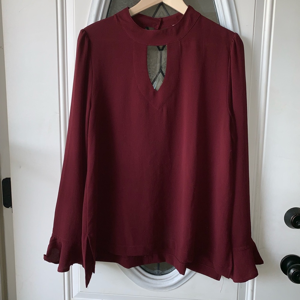 High neck Peek a boo long sleeve sheer blouse L